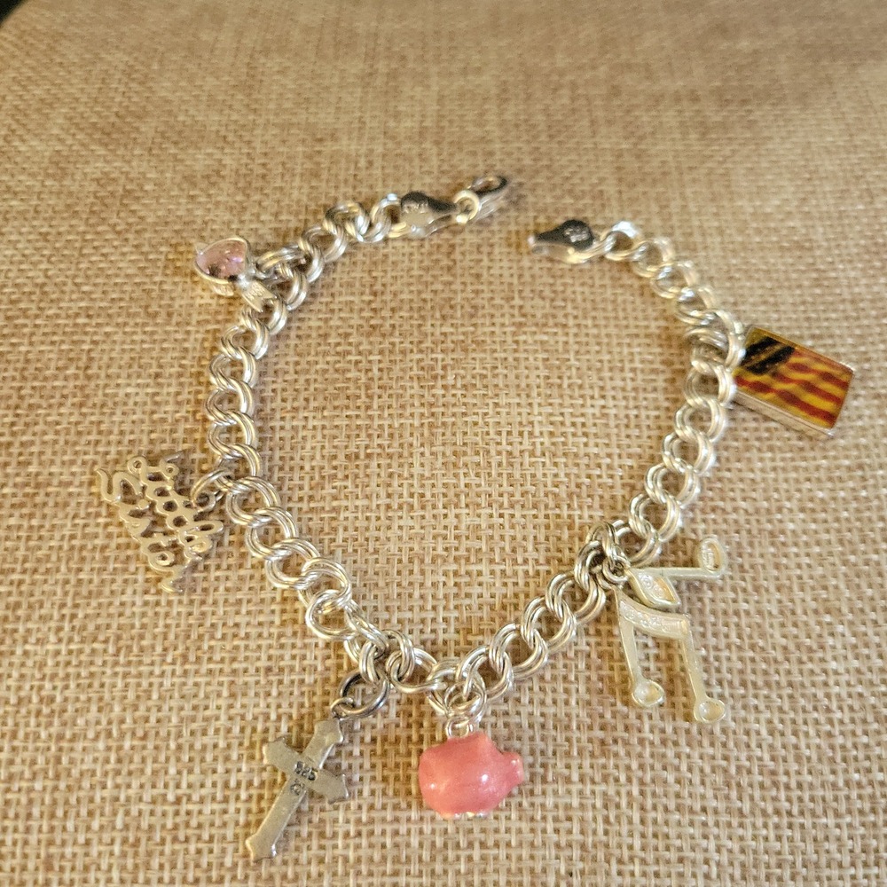 925 Sterling Silver Italy Charm Bracelet 7 Inch Cross Heart Flag Pig Eclectic